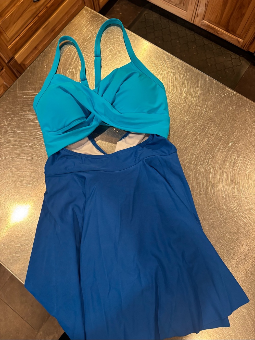 Blue Two-Tone Twist Front One-Piece Swim Dress